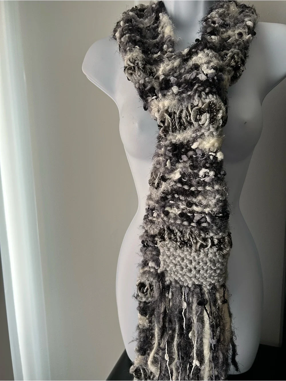 Handcrafted Black and Cream Textured Knit Scarf
